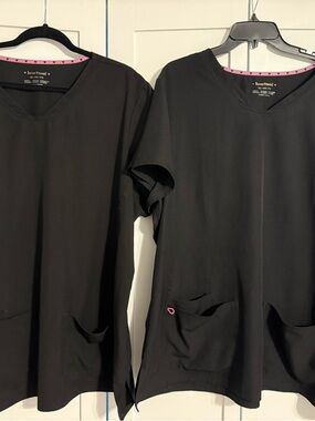 HeartSoul Black V-Neck Scrub Tops with Pink Trim